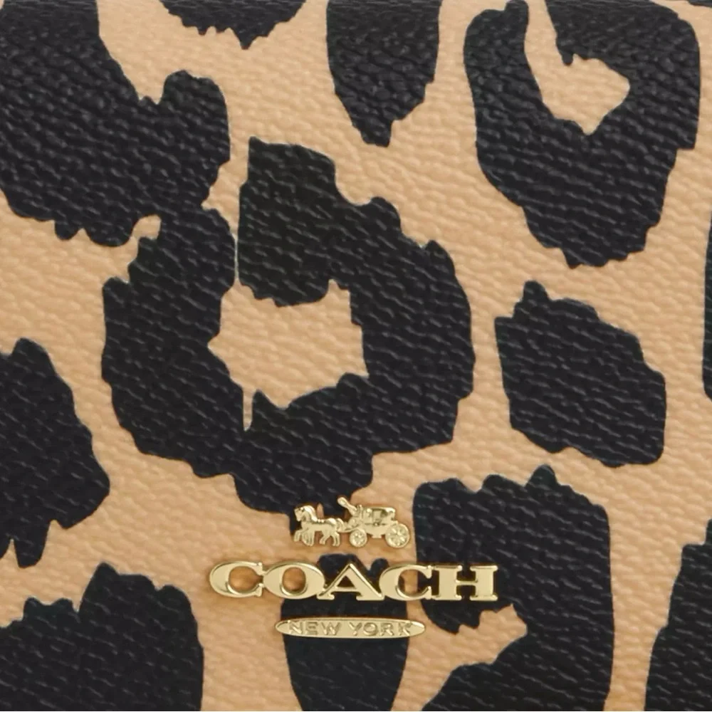 Coach Leopard Print Mini Crossbody in Beige and Black with Gold Chain